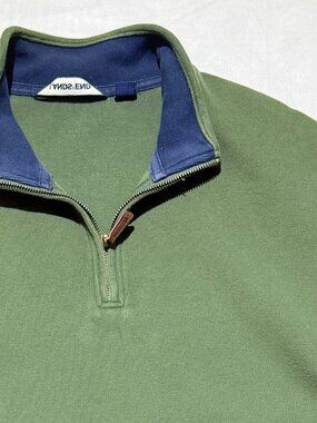 Lands' End Mens 1/4 Zip Sweater L/T Green 100% Cotton Pullover Mock Neck